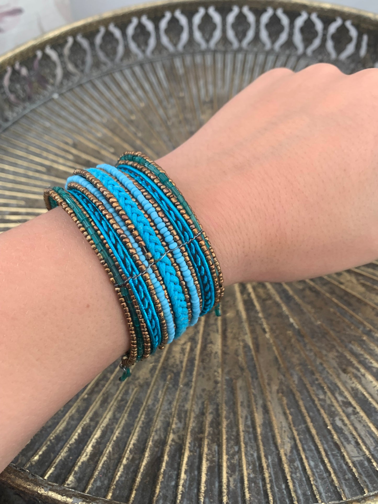 Wide Cuff Beaded Bracelet Turquoise and Copper