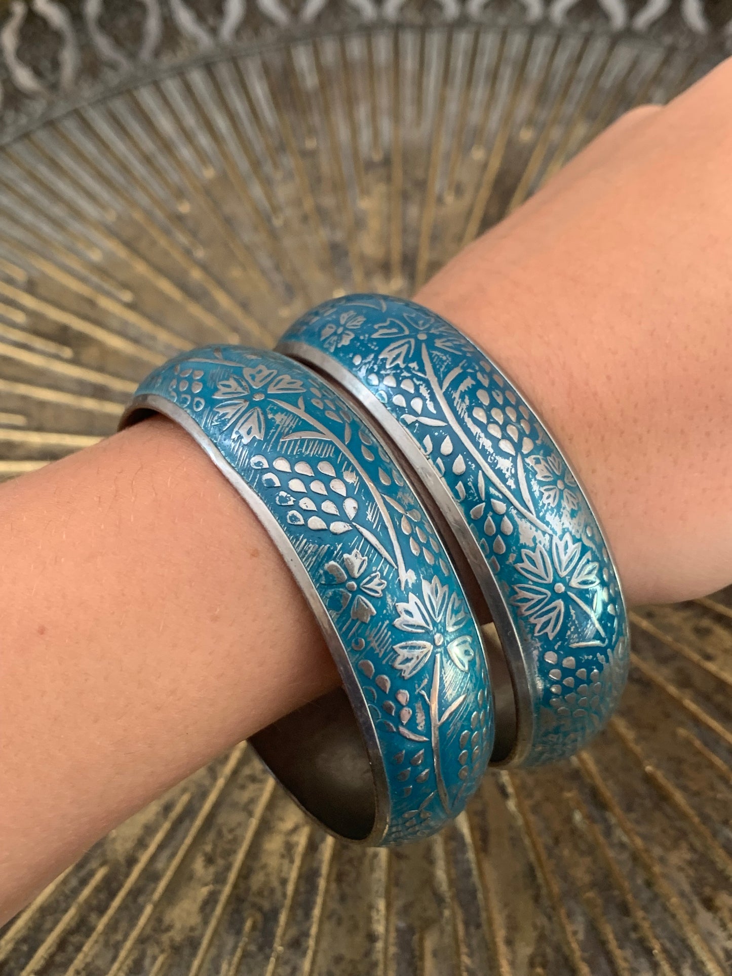 Silver and blue floral detail matching bangles