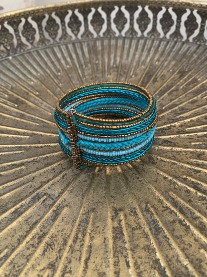 Wide Cuff Beaded Bracelet Turquoise and Copper